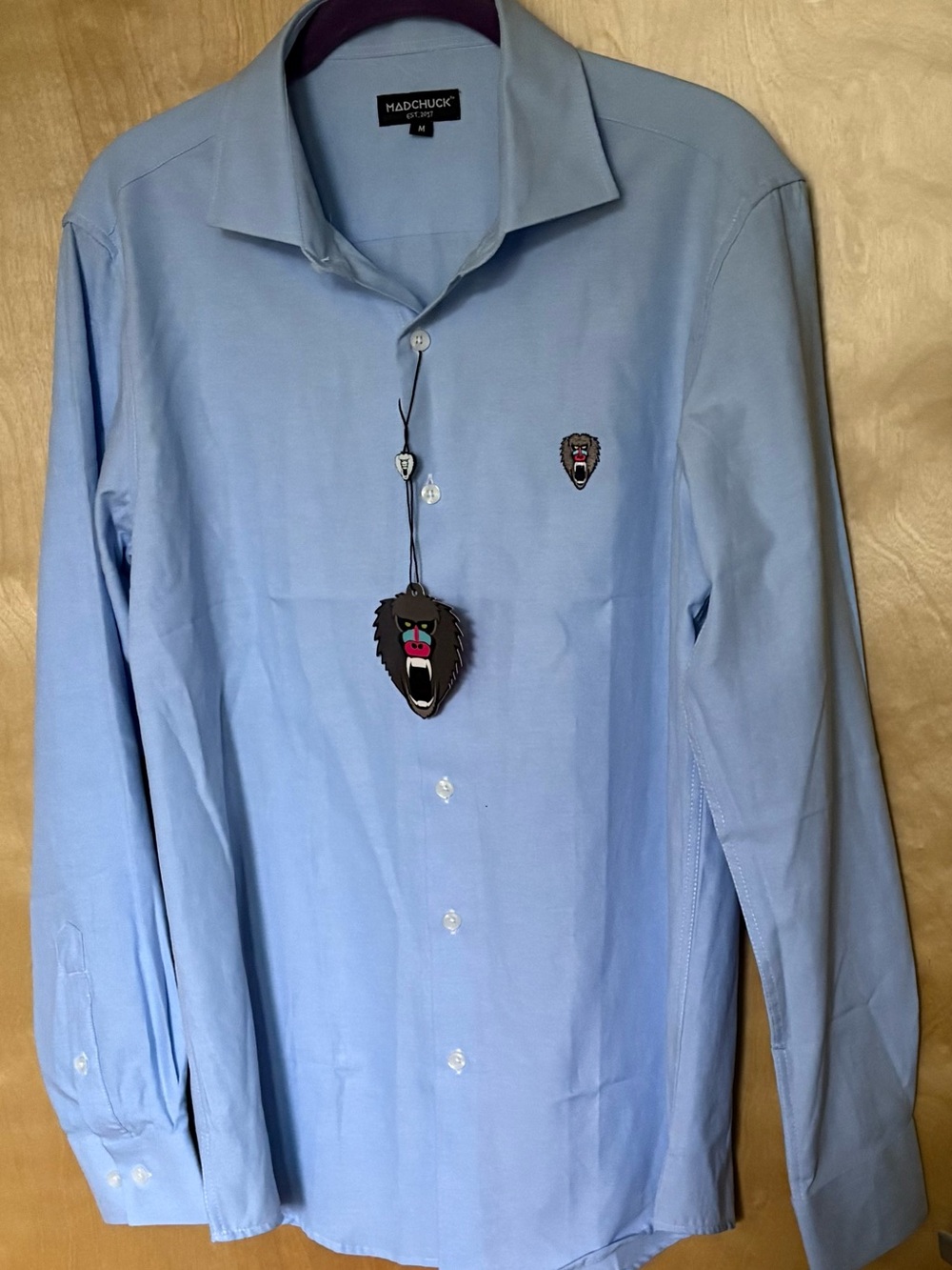 MADCHUCK Dress Shirt Blue Solid 15 34/35 Regular Fit Poly Viscose Embroidered